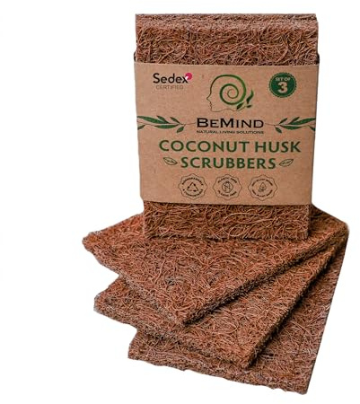 BeMind Coconut Husk Scrubber(3) Compostable Eco-Friendly Scouring Pads for Dishes| Biodegradable Natural Coir Scrub Pad| Non-Scratch
