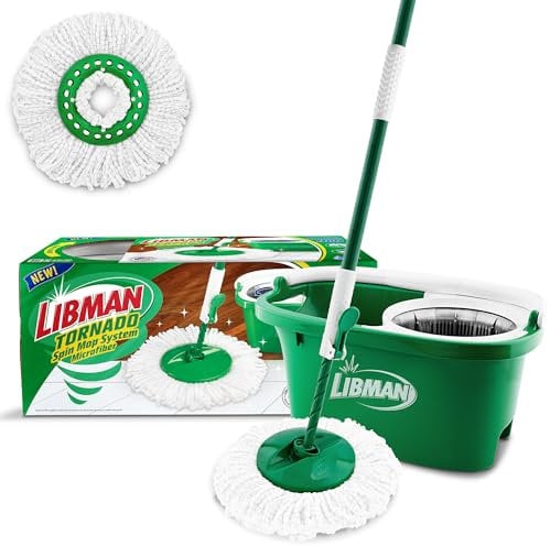 Libman Tornado Spin Mop Sistema Total - Incluye Cabezal de Microfibra Resistente, Mango Resistente y 1 Cabezal de Recambio Adicional - Seguro en Todas las Superficies