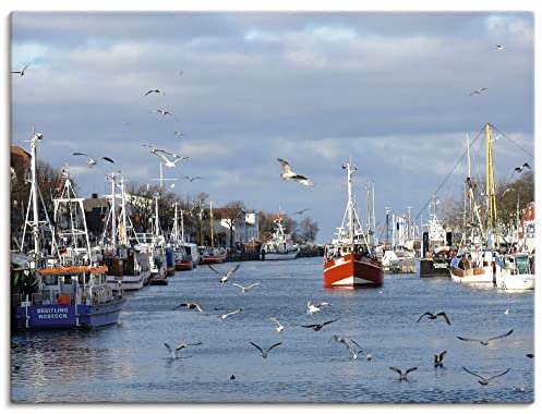 ARTland Wanddeko Wandbild Alu Verbundplatte für Innen & Outdoor Bild 60x45 cm Rostock Warnemünde Ostsee Kanal Hafen Schiffe Boote Möwen Maritime Deko Q2HO