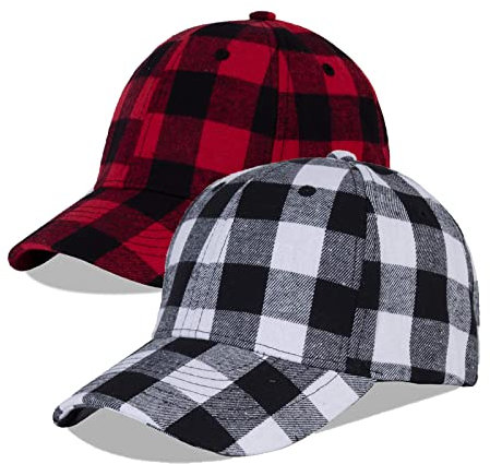 LANGZHEN Einstellbare Plaid Print Baseball Cap Weiche Baumwollmischung Checked Print Outdoor Hut Cap für Männer Frauen (Grid Schwarz+Rot&Grid Schwarz+Weiß)