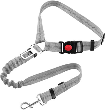 Sicherheitsgeschirr Hund, Einstellbar mit Elastischer Buffer, 360° Drehkarabiner Nylon Haustier Sicherheitsgurte Heavy Duty Auto Geschirr für Hunde (Sockeltyp, Grau)