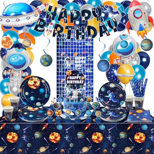 Outer Space Birthday Party Decorations, Include Happy Birthday Banner, Backdrop, Plates, Balloons, Solar System Swirl Decor, Tablecloth, Napkins, Cups for Kids Space Birthday Party, Serves 20 Guests