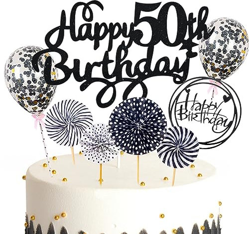 Feelairy Tortendeko Happy Birthday Deko Kuchendeko 50. Geburtstag Mann Frau, Schwarz Kuchen Topper 50. Geburtstag, Cake Topper Happy Birthday Ballon für Geburtstagstorte Deko 50 Jahre Frauen Männer