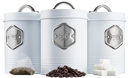 Cooks Professional 3 Piece Tea Coffee Sugar Cannister Set | Labelled Storage Tins | Containers with Airtight Lids | Canisters for Kitchen Accessories & Essentials | White & Silver