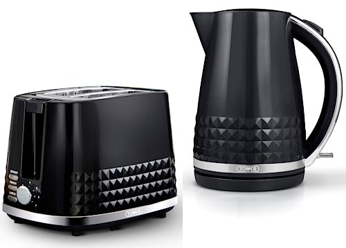 TOWER Solitaire Black 1.5L 3KW Jug Kettle & 2 Slice Toaster. Matching Modern Design Kettle & Toaster Set in Black with Chrome Accents