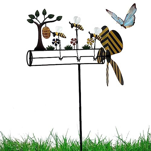 Drei kleine Bienen-Windmühle, leichte Garten-Bienen-Windmühle aus Metall, Rasen-Ornament-Windmühle aus Metall, Outdoor-Garten-Kunstpfahl für Hof-Rasen, Garten-Metall-Bienen-Windrad für Gartendekoratio
