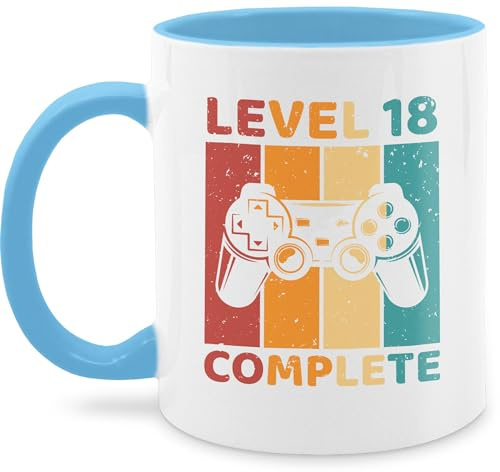 Shirtracer Tasse zweifarbig Level 18 Complete Gamer Controller | Hellblau, 325 ml, Gaming, Zocken, Konsole, Kaffeebecher, Keramik, mit Spruch, Motiv, lustig