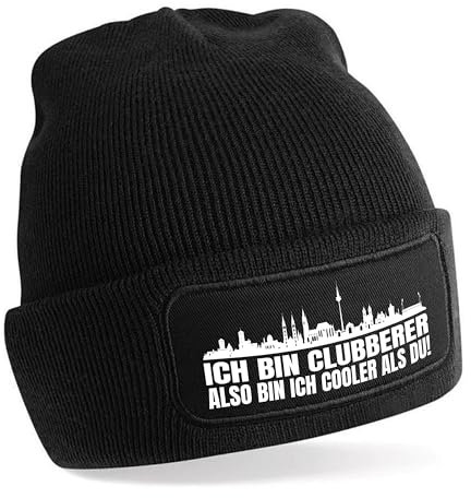 Beanie Strickmütze mit Spruch | Ich bin Clubberer also bin ich cooler als du! | schwarz | weiche und warme Fußball Mütze für Nürnberg Fan | Skyline | SoftTouch Einheitsgröße für Erwachsene