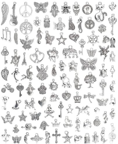 100 Stücke Charms Anhänger zum Schmuck, Armbänd Ketten Ohrringe Selber Machen, Gemischte Vintage Aesthetic Accessoires Halskette Making Zubehör Silber