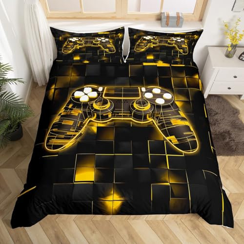 Homewish Jaune Housse de Couette Ado Garcon 220x240 cm avec 2 Taies d'oreiller, Parure de Lit Enfant Gamer Gaming Sets de Housses de Couettes Manette de Jeux Néon Couvre Lit Carré Géométrique