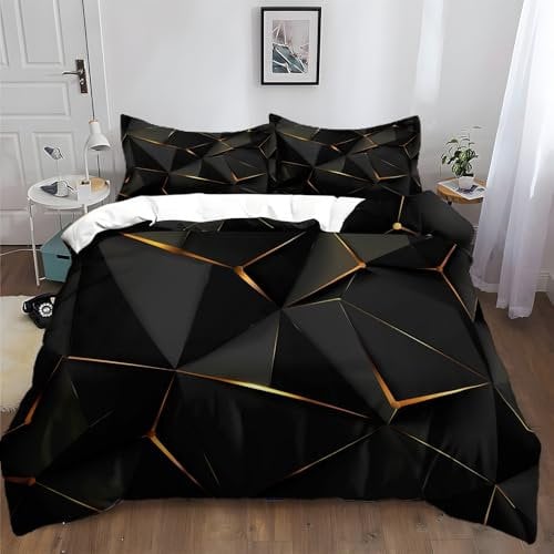 XCQHZYQ Bettwäsche 135x200 cm Geometrische Goldene Linien Schwarz Modern Bettwäsche Set 3D Druck Baumwolle Polyester Bettbezug mit Kissenbezug 80x80cm, mit Reißverschluss