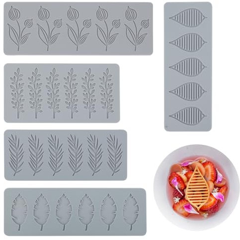 Miawtro 5 Pièces Tapis Dentelle Silicone,Moule Dentelle Feuille Réutilisable, Moule Feuille Silicone,Moule Pieces Decor Tapis Patisserie Dentelle Silicone avec Cinq Formes,pour La Cuisson