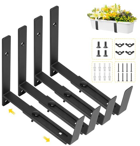 Keilend 4 Pcs Window Box Brackets Adjustable, Heavy Duty Iron Planter Box Brackets Outdoor Window Box Holder for Windowsills, Patios and Gardens (5.8 to 11 in)