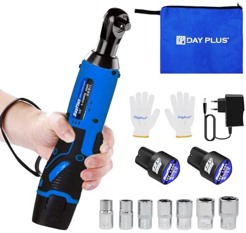 Yiyai 12V Akku Ratschenschlüsse 3/8 Zoll, 40Nm Elektrischer Ratschenschlüssel 2 x 1500mAh Akku, 7 Steckdosen und LED-Licht, Kabelloser Ratschenschlüssel für Reifen, Rohrleitungswartung