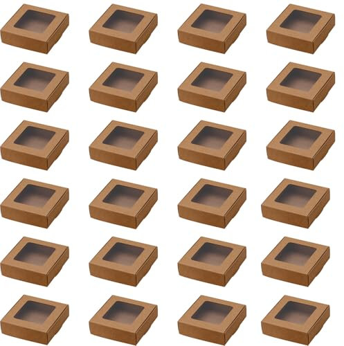 Spldsun 24 Stück Geschenkbox aus Kraftpapier, Quadratische Schachtel aus Kraftpapier, Kuchenbox mit Transparentem Fenster, Geeignet für Partys zur Aufbewahrung von Brotsnacks