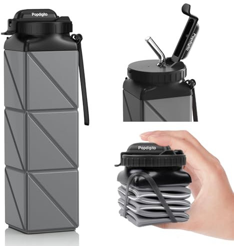 Popdigito Collapsible Water Bottles,BPA-Free Silicone Foldable Water Bottle with Straw Strap 20.6oz,Upgrade Leakproof Lid,Reusable Lightweight Sport Water Bottles For Travel Camping Hiking Outdoor