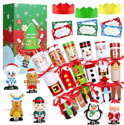 VEYLIN Knallbonbons für Weihnachten, 6 Stück, Knallbonbons, Knallbonbons für Kinder, Party-Tischgeschenk, mit aufziehbarem Spielzeug, Partyhut und Witz, Weihnachten, saisonale Feiertage, Abendessen,