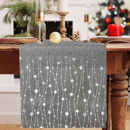 275 x 28 cm Weihnachten Tischläufer Sterne Schneeflocken Läufer Weihnachts Tischdeko Tischdecke Dekoration Tischband für Winter Weihnachtstischläufer Weihnachtsdeko (Dunkelgrau mit silbernen Sternen)