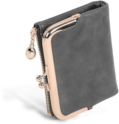 Damen-Geldbörse aus Leder, kompakte Geldbörse mit Reißverschluss, Kussschloss, doppelte Damengeldbörse mit mehreren Kartenfächern, grau, Retro