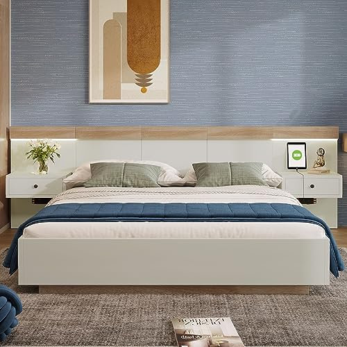REXO Doppelbett Bettanlage mit 2 LED Nachtkommoden& USB C Steckdose 180 x 200 cm Holzbett inkl. 2 Nachttischen Schlafzimmer Komplett-205x284x90.5 cm(T/B/H) Set in Eiche Sonoma