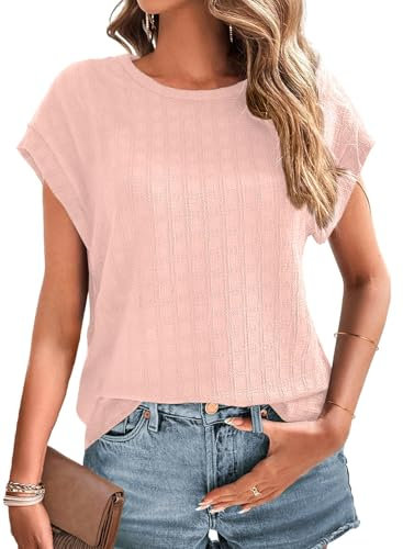 Chicrise T Shirt Femme Manches Courtes Col Rond Manches Chauve-Souris Haut Chic Et Elegant Couleur Uni Décontracté Vêtements Rosa Demi Grand 50-54