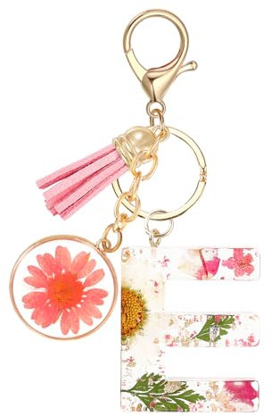 JSRQT Schlüsselanhänger mit Anfangsbuchstaben E,Harz Schlüsselanhänger Buchstabe für Damen Mädchen,Rosa Initiale Alphabet Schlüsselringe,Keychain Aesthetic mit Quaste Anhänger(E)