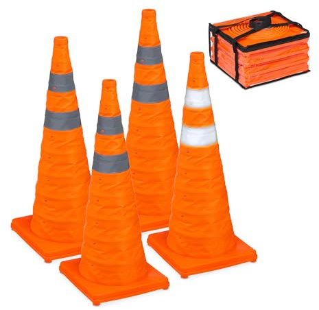Relaxdays Coni Stradali Segnaletici, Set 4 Birilli Pieghevoli con Strisce Riflettenti HLP: 70 x 29 x 29 cm, Arancione, Plastica, Poliestere