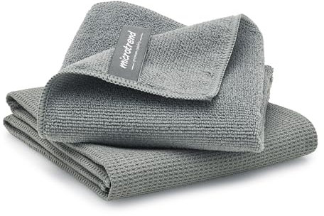 Microtrend Fensterset, 2 Premium Quality Mikrofasertücher für eine streifenfreie Fensterreinigung nur mit Wasser: Reinigungstuch (40x40 cm Profituch) und Trockentuch (60x45 cm Waffeltuch) (1, Grau)