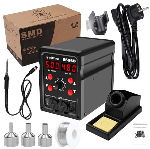 Heißluft Lötstation, 760W 2 in 1 Lötstation 8586D Digitalanzeige Temperaturkontrolle Heißluftpistole Lötkolben Entlötkolben Werkzeuge mit 3 Luftdüsen für Elektronikreparatur, DIY Projekten(EU)