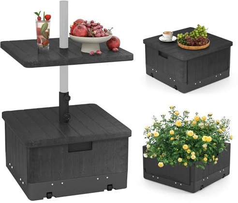 Tangkula Base para sombrilla de patio 3 en 1, soporte de sombrilla móvil de 175 libras con bandeja de mesa y bolsa pesada, asas laterales, marco de polietileno de alta densidad, adaptadores de 2