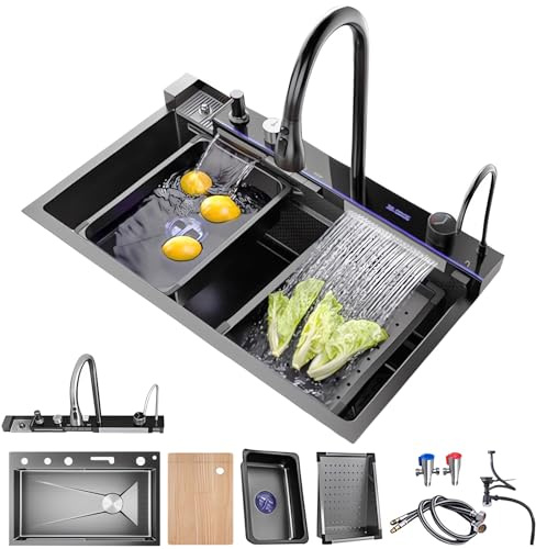 Genérico Fregadero de Cascada con Pantalla Digital multifunción, Fregadero de Cocina Tipo Cascada, Fregadero de Cascada de Acero Inoxidable 304 Negro, Fregadero Inteligente con escurridor y Grifo mez