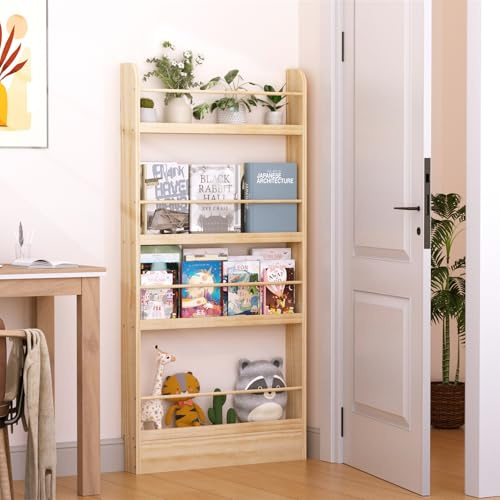 Pnettco Book Shelf, Behind The Door Bookshelf, Hidden Storage Behind Door Storage Cabinet, Slim Shelf 4 Tier Solid Wood Narrow Bookcase for Kids for Bedroom/Living Room