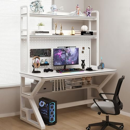 Computer Desk with Pegboard & Storage Shelves, Industrial Gaming Desk Modern Student Writing Desk Study Writing Workstation Table(100CM, White)