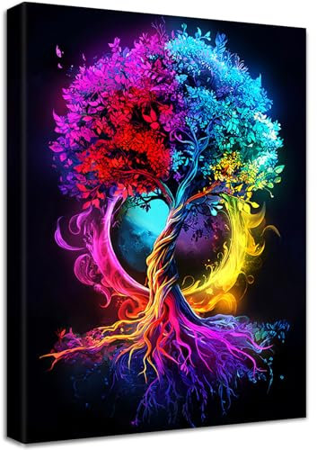 Leinwand Bilder Mit Rahmen Schwarz Braun Roter Blauer Gelber Baum des Lebens Wandbilder Wandkunst Abstrakter Glücksbaum Bild auf Leinwand Malerei Wohnzimmer Schlafzimmer Badezimmer Wanddekor 30x40cm
