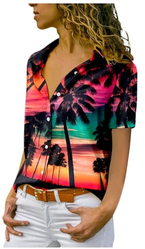 Damen Hawaii Hemd Kurzarm Bluse - Strand Funky Party Outfit für Frauen, Casual Hemdbluse Shirt Tops mit Hawaii-Print