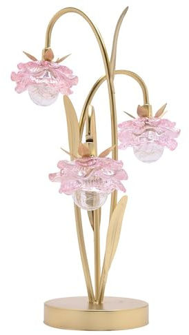 Britalia Gold Metal Pink Glass Flower Shade Triple Stem Table Lamp LED Battery Powered 35.5cm Height