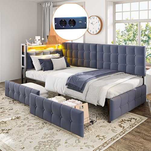 Lexiou 90 X 200cm Gepolstertes Schlafsofa, Polsterbett mit 2 Schubladen und LED-Nachttischlampe, USB- und Typ-C-Anschluss, multifunktionales Kinder-Bootsbett, Schlafsofa Einzelbett (Grau-2)