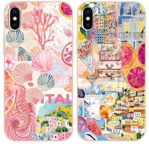 Vxinvnoi 2 Stück Handyhülle für iPhone X/iPhone XS Hülle, Collage Motiv Aesthetic Blumen Obst Bunt Sommer Muster Mädchen Case, Weich Silikon Dünn TPU Bumper Stoßfeste Cover für iPhone X 5,8, Rosa