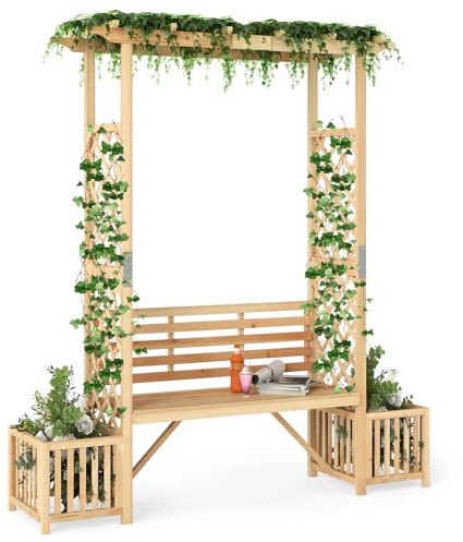 COSTWAY Garden Arch with Bench & Planter Box, 2M Wooden Arbour Trellis Pergola, Rose Vines Climbing Plant Archway Support for Party Ceremony Wedding Lawn Backyard, Natural (Flat Hanging Roof)