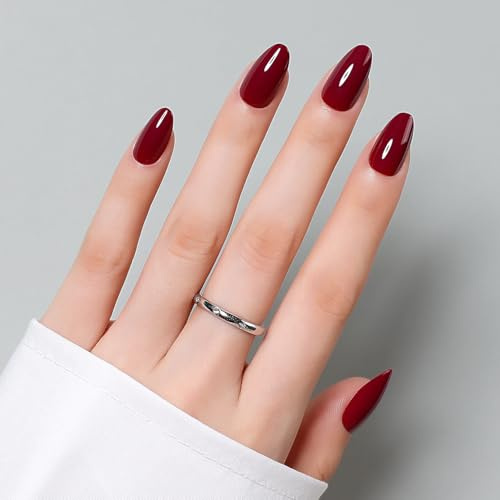 Luxbon Almond Short Press On Nails, 25-30pcs with No-Cure Glue, Burgundy | Acrylic stick on nails. No need UV lamp. Full size set. Reusable. For women. For daily & party occasions. Ideal gift.