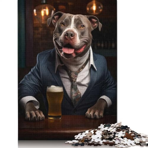 1000-teiliges Holzpuzzle „Happy XL Bully in The Pub“, Puzzle für die ganze Familie, 1000 Teile (75 x 50 cm)