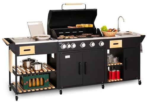Barbecue a gas con 5 + 1 bruciatori, con lavello integrato e tavoli da lavoro, stazione cucina esterna da 20,7 kW per feste in giardino, riunioni di famiglia e catering, grande stoccaggio, griglia di