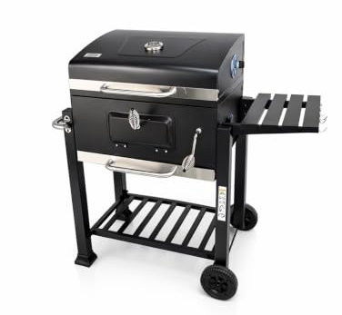 JARDIN202 - Barbacoa de Carbón Alabama Grande con Ruedas, Termómetro y Altura Ajustable | Parrilla Grill de Carbón con Carrito y Tapa | (Negro)