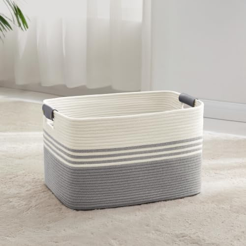 MYHOMMATTO 45L kleiner Wäschekorb geflochten mit Lederhenkeln, Weiß-Grau | Faltbarer Aufbewahrungskorb aus Baumwollseil für Decken, Spielzeug & Kleidung, Maße 45×35×27 cm für Wohnzimmer, Kinderzimmer