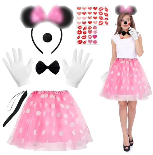 NHYDZSZ 7 Pcs Damen Mouse Kostüm, Maus Kostüm Damen, Rosa Tutu mit Weiß Gepunktet, Haarreif mit Mausohren, Handschuhe, Nase, Schwanz, Fliege+Gesichtstattoo, für Karneval Cosplay Fasching Party