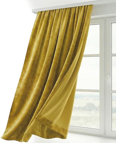 BEAUTEX Samtvorhang Kräuselband Senfgelb 140x245 cm Velvet Verdunkelung | Weicher Velvet-Samt, blickdicht, lichtmindernd, pflegeleicht, viele Farben und Größen