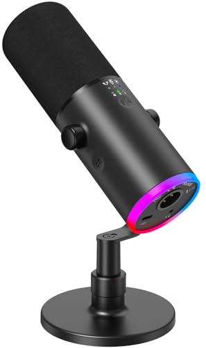 TONOR Microfono Gaming Dinamico per PC, Microfono Cardioide Streaming XLR/USB con supporto da tavolo per Podcasting/Studio, Cancellazione Rumore IA,RGB Controllabile,Jack Cuffie 3,5 mm,Nero,TD510 AIR