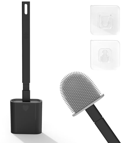 Toilet Brush, 1 Pack Bathroom Silicone Toilet Brushes and Holder Sets with No-Slip Long Plastic Handle and Soft Flexible Bristles, Toilet Brushes with holders and Base for Anti-drip (Black)