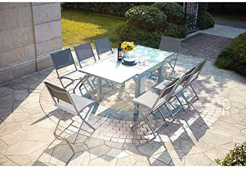 CONCEPT USINE - Salon de Jardin Aluminium Acier - Ensemble Mobilier Extérieur : Table Extensible Verre Trempé Rallonge Coulissante + 8 Chaises Pliables - Gris Clair - Design Molvina - Résiste à l'eau