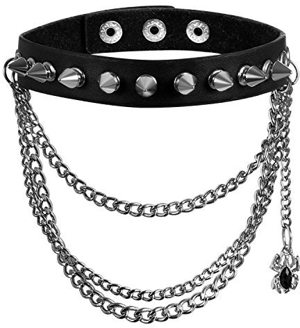 JewelryWe Schmuck Gotik Punk Lederhalsband Choker Spike Nieten Eisenkette Kragen Halsketten Echt Leder Halsband Kette schwarz für Damen Frau